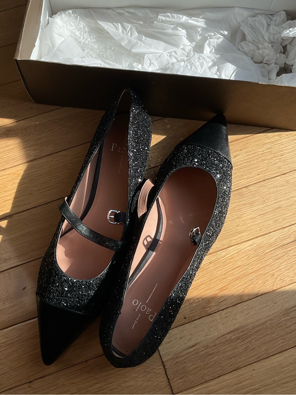 Linea Paolo Black Glitter Pointed Mary Jane Flats with Buckle